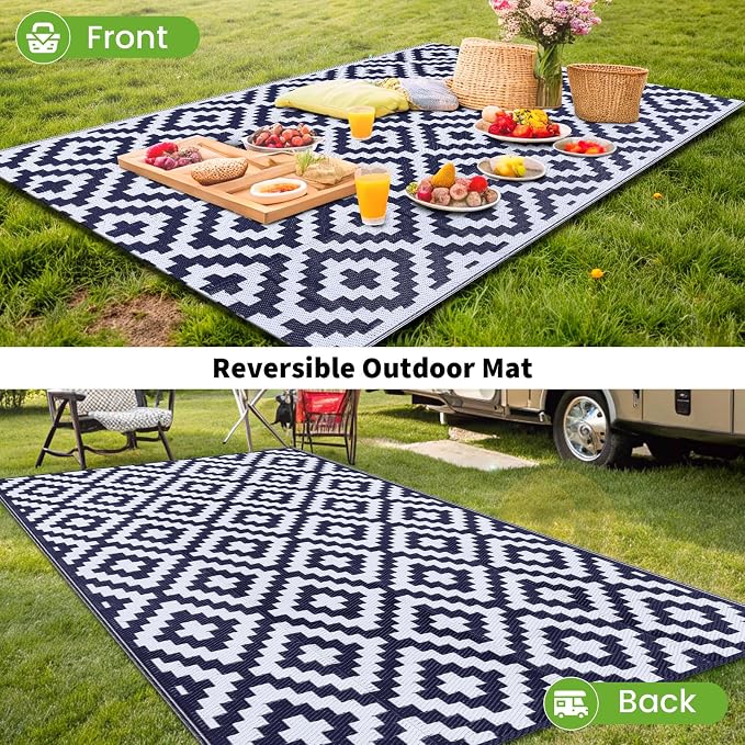 Smiry Waterproof Outdoor Rug 10X14 ft, Reversible Plastic Straw Patio Camping Rugs, Outdoor Indoor RV Mat Carpet for Patio, Outside Entry, Backyard, Deck, Bench, Picnic, Camper, White & Navy