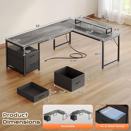 PRAISUN 63 Inch L Shaped Desk with Power Outlets and USB-C Port, Computer Corner Home Office Desk with File Fabric Drawers and Movable Monitor Stand, Larger Storage, Gaming, Writing, Work, Grey