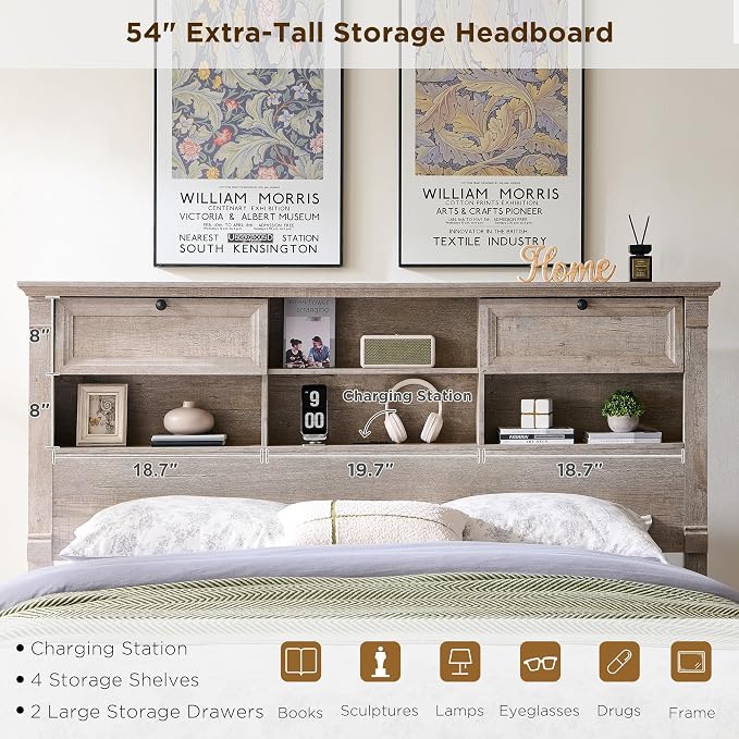 Farmhouse Queen Size Bed Frame with 54" Tall Storage Bookcase Headboard, 18" Roman Column Decoration Footboard,2 Drawer & 4 Storage Rack,Wood Platform Bed Frame, No Box Spring Needed(Light Rustic Oak)