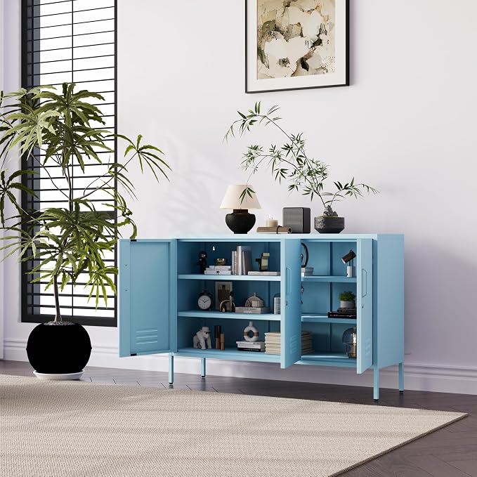 32" Wide 3-Door Lockable Metal Storage Cabinet with Accent Cabinet Locker, Heavy Duty Home Tool Cabinet, 2 Removable Shelves & Easy Assembly, for Home, Office, Entryway and Hallway Blue