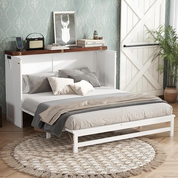 PVWIIK Queen Murphy Bed with Drawer & Charging Station for Bedroom,Home Office, Studio,Guest Room,Queen Size Solid Wood Bed Frame Murphy Bed with USB Port for Bedroom,White-Walnut