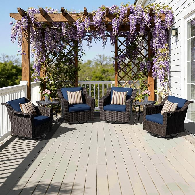 6 Pieces Patio Conversation Furniture Set - 4 Swivel Chairs, 2 Side Tables, Outdoor Wicker Furniture with Removable Cushions for Porch, Sunroom (Blue)