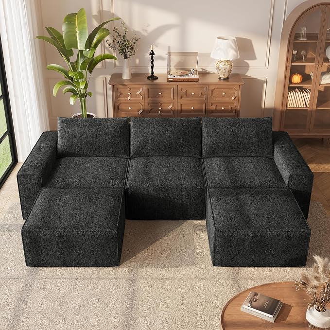 Vesgantti 114" Boneless Modular Sectional Sofa, Modern U Shaped 5 Seater Couch with 2 Ottoman & Deep Seat, Convertible Chenille Cloud Couches for Living Room, No Assembly Required, Black