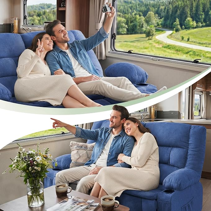Loveseat Recliner Sofa, Wall Hugger Reclining Loveseat with Cup Holders & Storage Pockets, 150Β° Adjustable RV Couch, Traditional 2-Seat Reclining Couch for Living Room, RV, Home Theater, Blue