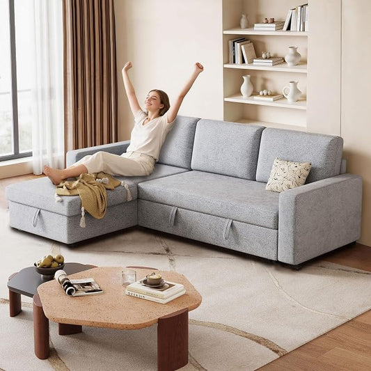 81" Convertible L-Shaped Pull Out Sectional Sleeper Sofa Bed, Light Gray | Storage Chaise, Pull Out Sectional Couch, Removable Cushions, Chenille Fabric, For Small Apartment & Living Room
