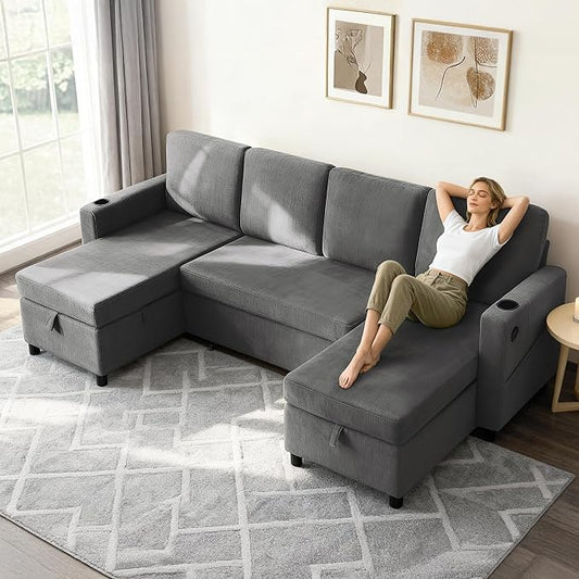 KISLOT 110 Inch Sectional Sleeper Sofa with Pull Out Bed Convertible Plush 2 in 1 Couch with Storage Chaise & USB Charging Comfy L Shaped Modular Couches for Living Room Apartment(3 Box)
