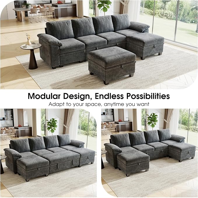 Sectional Sleeper Sofa Bed, 107.8" U Shaped 6 Seat Pull Out Couch with Storage Ottoman, Convertible Cloud Couch Bed, Modular Sectional Couches for Living Room, Apartment (Gray)