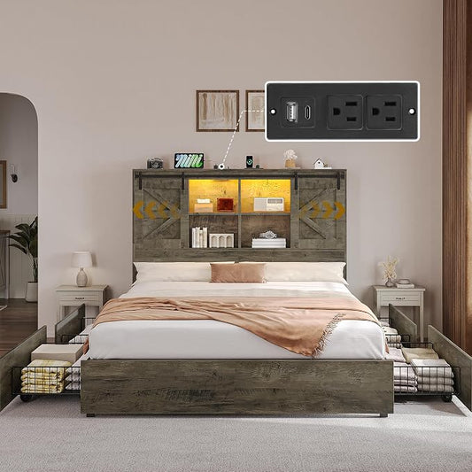 YITAHOME Farmhouse Queen Size Bed with 50" Tall Storage Bookcase Headboard, Sliding Barn Door, 4 Storage Drawers, RGB LED Bed Frame w/Type-C&USB Charging Station, No Box Spring Needed, Antique Grey
