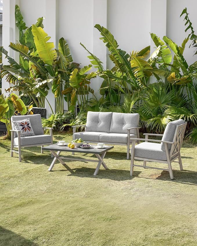 Patio Furniture Loveseat Sofa, Outdoor Aluminum Patio Couch with 5.9'' Soft Cushion, All-Weather 2 Seats Outdoor Furniture Sofa Couch for Garden, Poolside, Lawn, White Oak