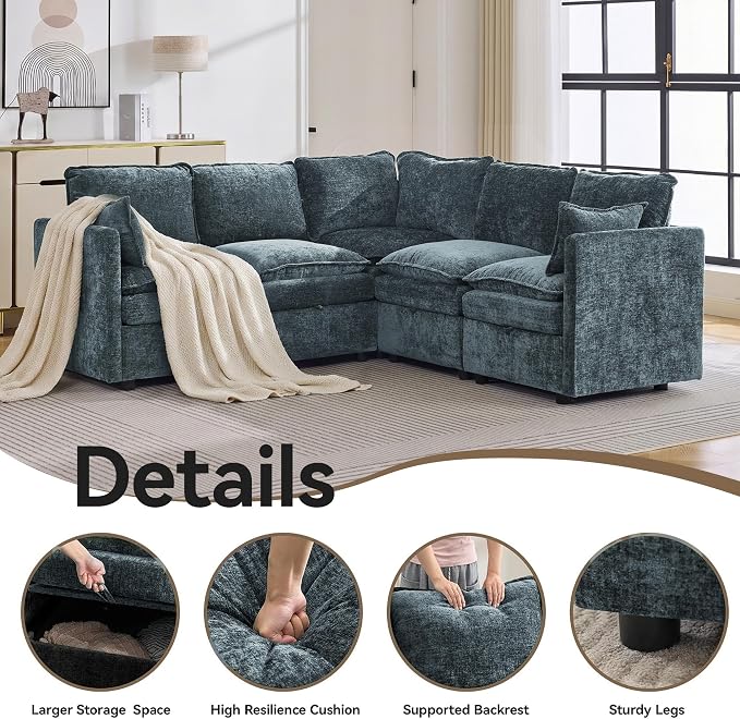 80" Blue Modular Storage Sofa, V Shaped Chenille Cloud Couch with Armrest | Oversized Convertible Sectional Sofa, 5-Seat Sectional Couch With Armrests, Large Cloud Couch For Living Room, Apartment.