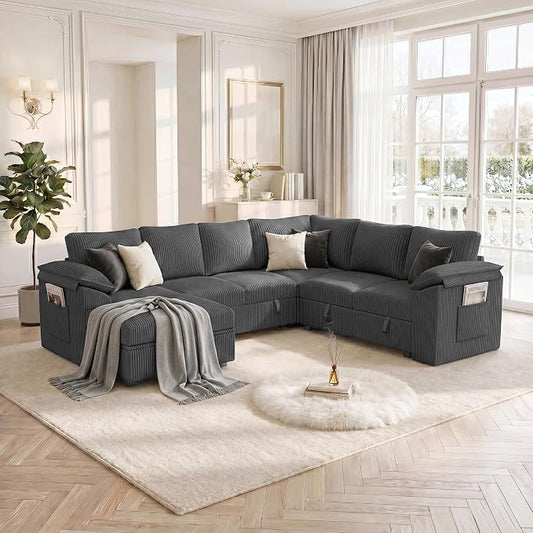 108 Inch Sectional Sleeper Sofa Bed with Pull Out Couch, U Shaped 7 Seat Cloud Modular Sectional Sofa with Storage, Corduroy Sectional Couches for Living Room, Removable Sofa Cover, Dark Grey