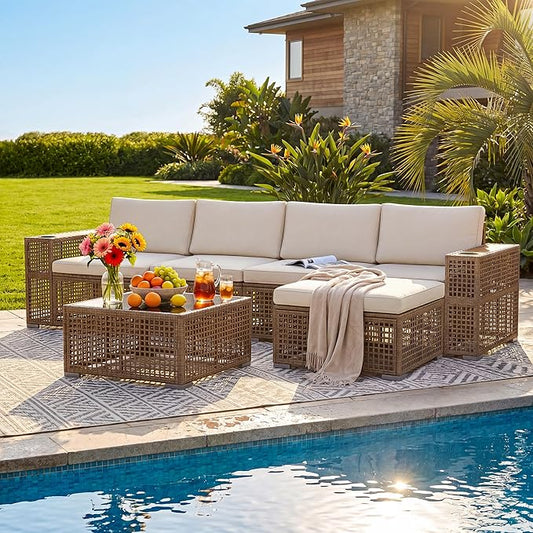 Devoko Patio Furniture Set,6 Pieces Outdoor Sectional Sofa with Cup Holder and 7.87in Wider Armrest, PE Wicker Backyard Couch Set with Coffee Table&Glass Tabletop for Deck, Porch(6 pcs)