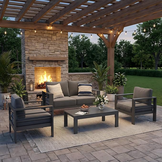 Solaste Aluminum Outdoor Patio Furniture Set, 4 Seats Patio Sectional Sofa with 5" Thick Cushion, Outdoor Patio Set with Coffee Table for Porch, Backyard, Deck, Yard, Grey