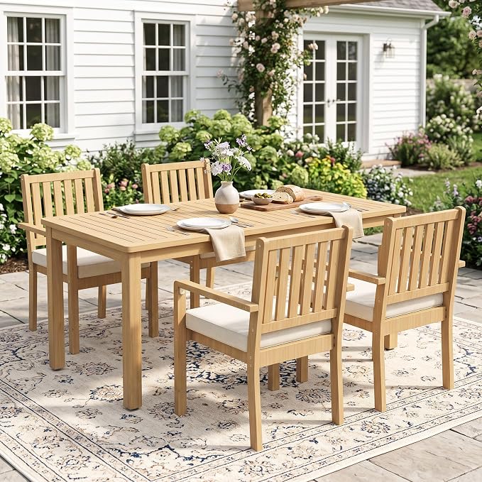 FansaFurn 5 Pieces Acacia Outdoor Patio Table and Chairs Set for All-Weather, Outside Furniture with Table Umbrella Hole and Removable Cushion for 4, Outdoor Patio Furniture Set for Garden, Beige