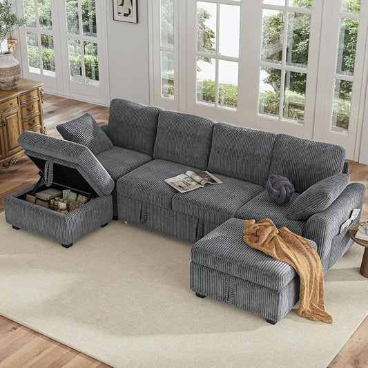 Hanherry 104" Sectional Sofa with Pull Out Couch Bed,Corduroy Sleeper Sofa with Storage Ottoman & USB Charging,Comfy L Shaped Modular Couches for Living Room,Apartment