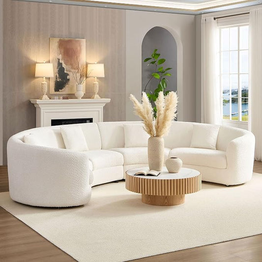 KEIKI 141" Luxury Curved Boucle Modular Sectional Sofa, Modern Style Oversized 4-Seater Polyester Tight Back Couch with 4 Pillows and Round Arms, Easy Assembly, for Apartment, Living Room, White
