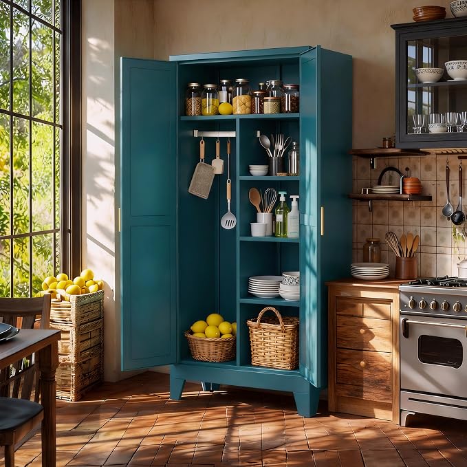 71" H Blue Closet,Armoire Wardrobe Closets,Metal Wardrobe Closet with Doors and Shelves