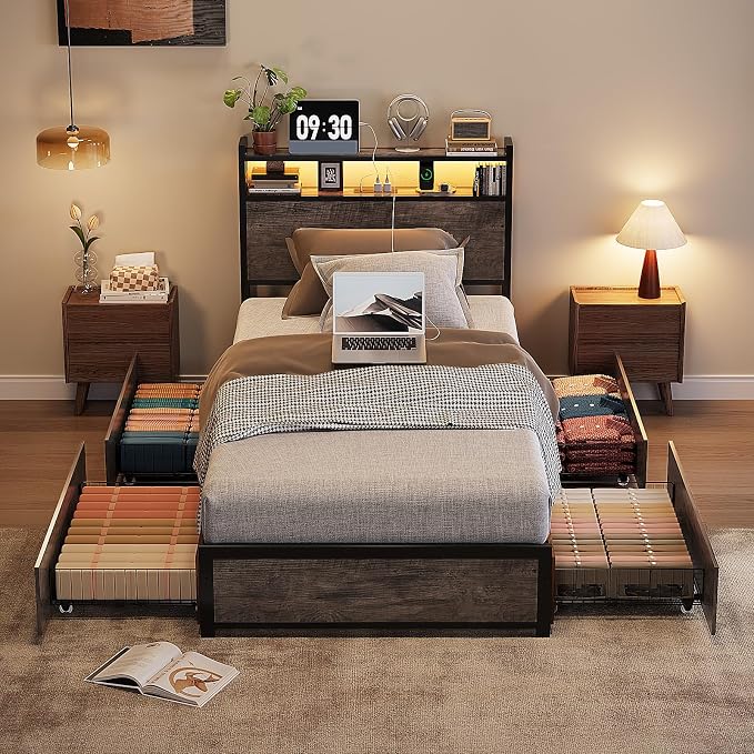 VINGLI Bed Frame Twin Size with 4 Storage Drawers and Headboard, Metal Platform Bed with Charging Station and RGB LED Lights, No Box Spring Needed, Noise Free, Easy Assembly, Wash Grey