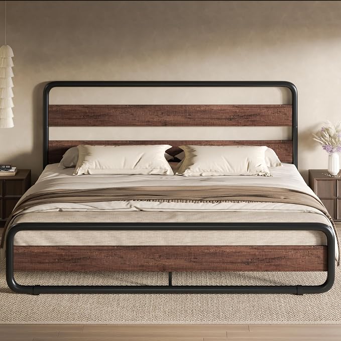 SHA CERLIN King Size Metal Bed Frame with Wooden Headboard and Footboard, Heavy Duty Platform Bed Frame with 10" Under-Bed Storage, Noise-Free, No Box Spring Needed, Mahogany