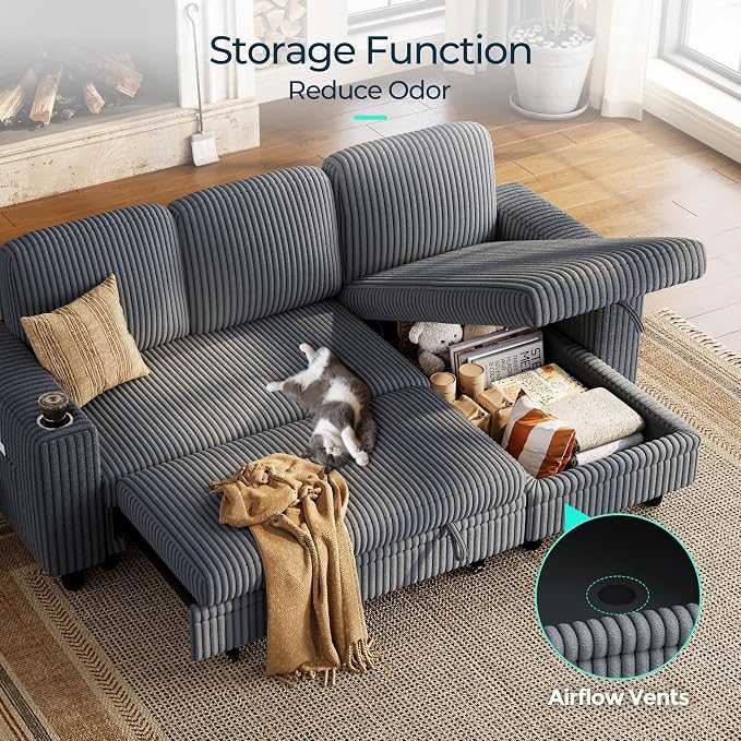LINSY HOME Sectional Sleeper Sofa Couch with Storage Chaise & USB Charging, Plush Corduroy Convertible Pullout Sofa Bed, Modular Sectional Couches for Living Room Bedroom (Grey, 81'' L-Shaped Sofa)