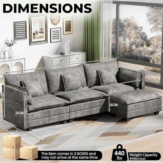 LEVELEVE 112.5" L-Shape Modular Sofa with 1 Ottomans, Deep Seat Cloud Convertible Sleeper, 3 Throw 2 Arm Pillows, Cozy Upholstered Furniture for Living Room Apartment, Dark Grey