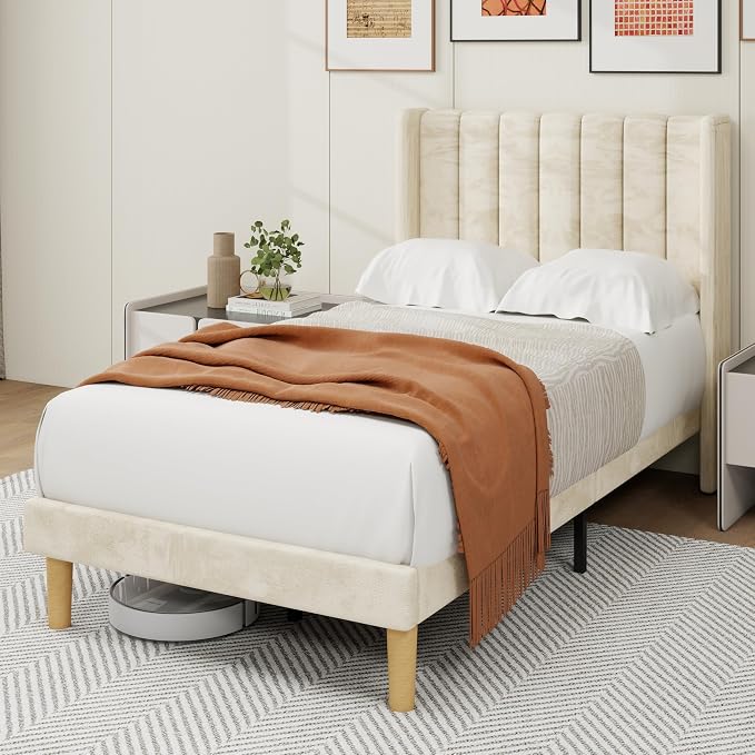 alazyhome Platform Bed Frame Twin Size with Upholstered Headboard, Solid Wood Slats Support, No Box Spring Needed, Noise Free, Easy Assembly, Modern Velvet Bed, Beige