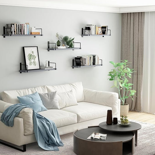 Floating Shelves, 24 Inches Easy to Install Wall Mounted Shelves, Set of 3, Rustic Wood Shelves for Wall Decor, Storage Shelves for Living Room (Grey)