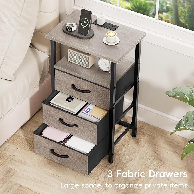 Vagusicc Nightstand Set of 2 with Charging Station, Bedside Table with USB Ports and Outlet, End Table Side Table with 3 Fabric Drawer and Storage Shelf, Bed Side Table Night Stand for Bedroom, Greige