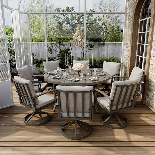 HAPPATIO Patio Dining Set, Aluminum Round Outdoor Dining Set for 8, 61" Round Table with Umbrella Hole and 8 Swivel Chairs, Outdoor Table and Chairs with Removable Cushion for Lawn Yard Patio