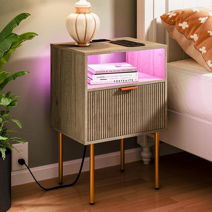 JOONEE Modern Nightstand with Charging Station and LED Lights, White Bedside Table with Drawer, Fluted Side Table for Living Room, Bedroom