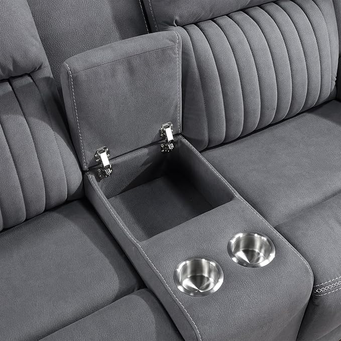 Lexicon Manual Double Reclining Loveseat, Polished Microfiber Manual Wall Hugger Loveseat Recliner for Living Room, Center Storage Console/Cup Holders, Easy Assembly, Gray