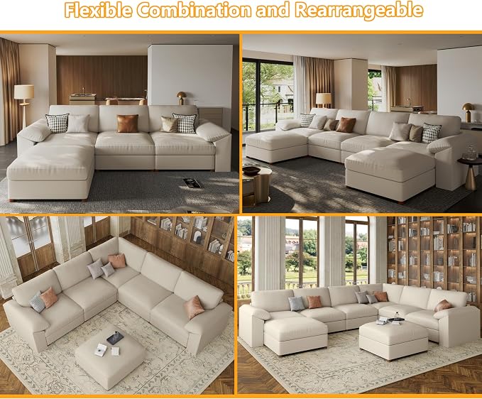 EASE MOOSE Oversized Modular Sectional Sofa,Leather Sectional Couch with Deep Seat,Extra Large L Shaped Couch,Modern Comfy Scratch Resistant Faux Leather Material Sofa,Beige