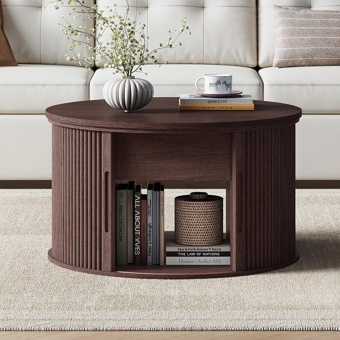 LINSY Lift Top Coffee Table, Round Fluted Coffee Table with Storage, Mid Century Modern Wooden Coffee Tables with Sliding Tambour Door, 31.5" Center Table for Living Room, Office, Small Space, Walnut