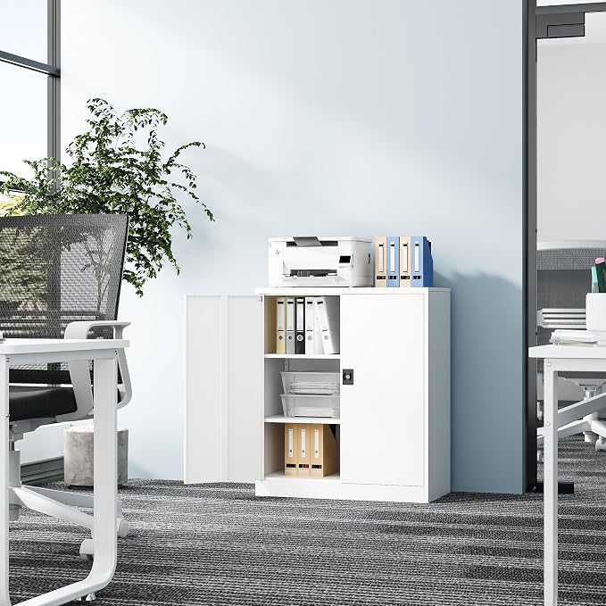 Fesbos Metal Storage Cabinet-36” Tall Steel File Cabinets with Lockable Doors and Adjustable Shelves-White Steel Storage Cabinet for Home Office, School, Garag
