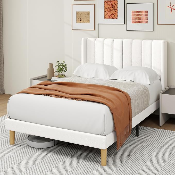 alazyhome Platform Bed Frame Full Size with Upholstered Headboard, Solid Wood Slats Support, No Box Spring Needed, Noise Free, Easy Assembly, Modern Fabric Bed, White