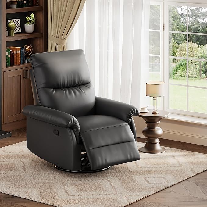 IDEALHOUSE Manual Recliner Chair, 360° Swivel Rocker Glider Recliner with Padded Armrests, Modern PU Leather Upholstered Reclining Chair for Living Room Bedroom and Nursery (Dark Black)