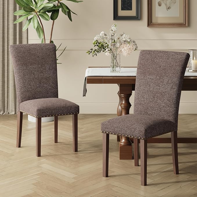COLAMY Upholstered Parsons Dining Chairs Set of 4, Fabric Dining Room Kitchen Side Chair with Nailhead Trim and Wood Legs - Brown