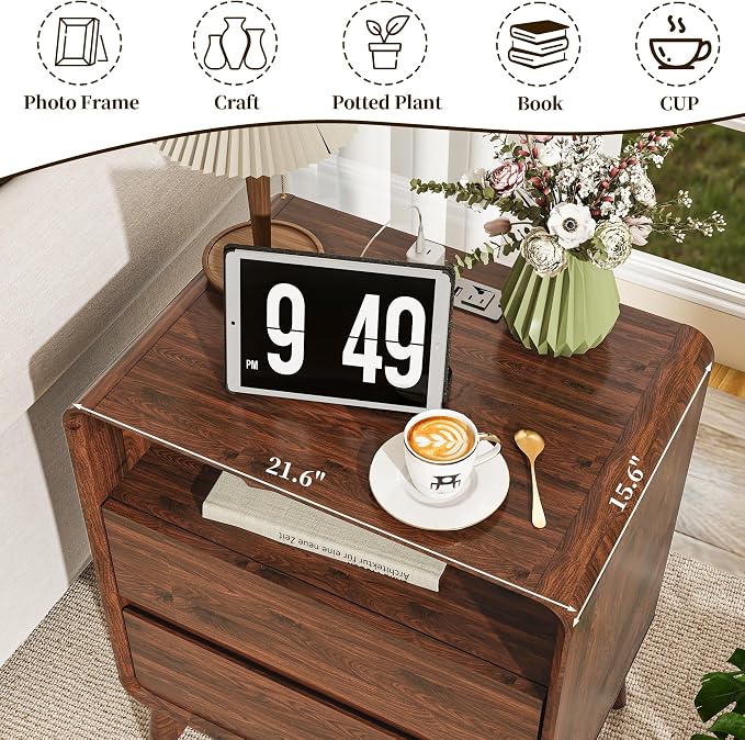 3-Piece Farmhouse Bedroom Storage Set, 9-Drawer Dresser & Nightstands Set of 2 with Charging Station, Handle-Less Design, Rounded Corners, Anti-Tip Safety Furniture, Walnut