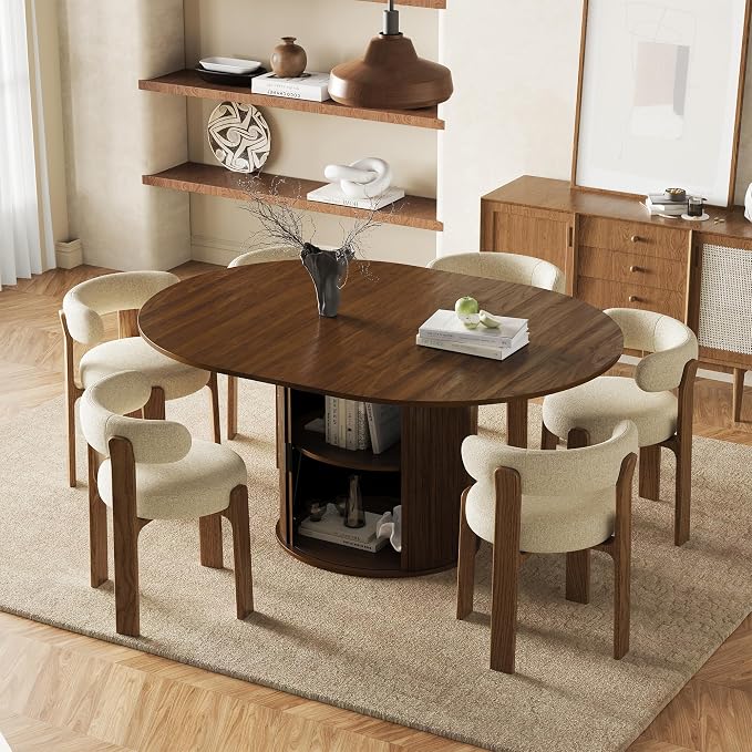 47''-63'' Extendable Round Dining Table for 4-6, Round Dining Room Table with Hidden Storage, Modern Wooden Kitchen Table with Fluted Sliding Door Cabinet for Dining Room Kitchen, Walnut