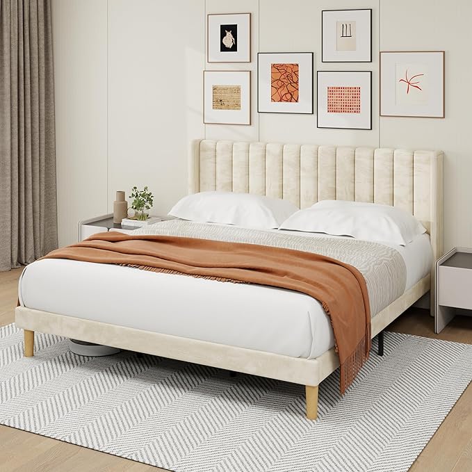 alazyhome Platform Bed Frame King Size with Upholstered Headboard, Solid Wood Slats Support, No Box Spring Needed, Noise Free, Easy Assembly, Modern Velvet Bed, Beige