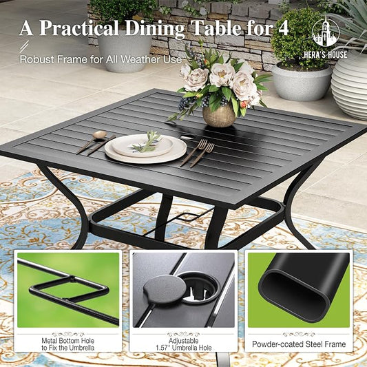 HERA'S HOUSE 5pc Patio Dining Set for 4, Outdoor Metal Table & Brown Chairs | Textilene chairs + 37" square table with umbrella hole. Waterproof, stain-resistant & wipe-clean. Ideal for backyard, porch
