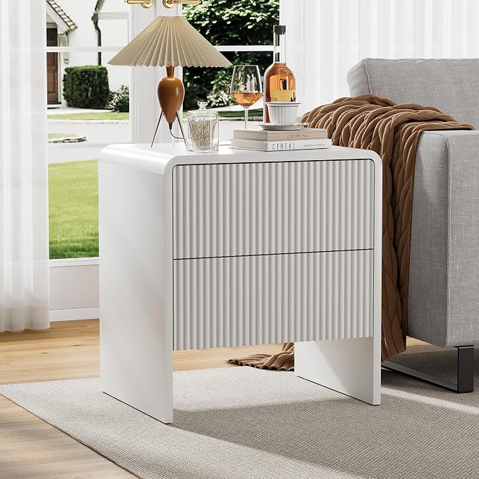 Furniway Set of 2 Modern Curved Nightstand with 2 Drawers, Push-to-Open Wooden Bedside Table, Minimalist End Table for Bedroom, White