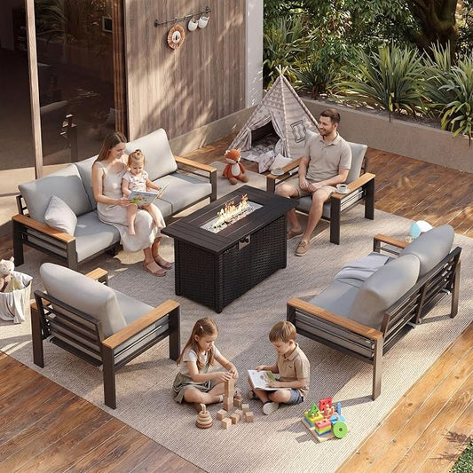 Aoxun Patio Furniture Set, Aluminum Patio Set with Fire Pit Table and 5" Thicken & Washable Cushion, Waterproof Outdoor Furniture, Outdoor Couch Sectional for Backyard (7 Seats/F, Grey)