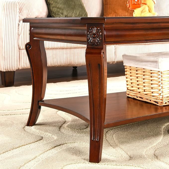 Rectangle Coffee Table for Living Room, Solid Wood Coffee Table with Glass Top, Traditional Distressed Farmhouse Style with Shelf, Solid Hardwood Rustic Center Table for Living Room, Cherry 1168GT