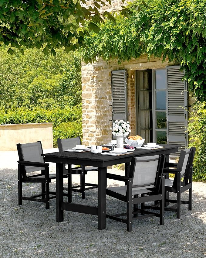 SERWALL 5 Piece Patio Dining Sets, Outdoor HDPE Dining Furniture Set with Umbrella Hole Cut-Out Table and 4 Woven Chairs, Black