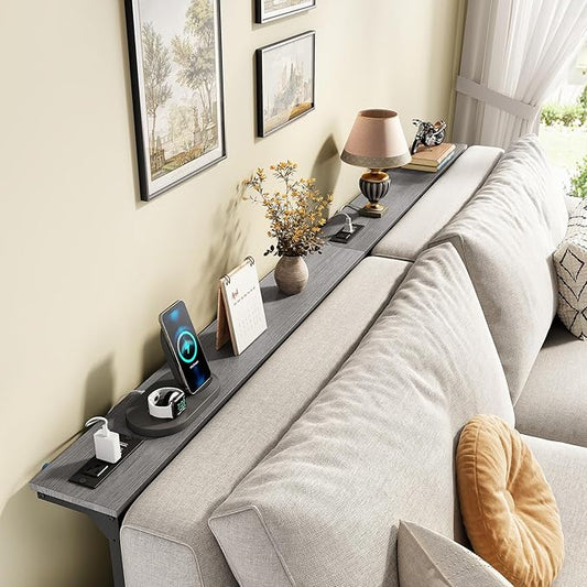 Kitstorack Narrow Sofa Table with Charging Station, 78.8" Behind Couch Table, Adjustable 24.4"-32.7" Height, Modular 2-piece Design for sectionals, entryways, Apartments, and Narrow Living Spaces