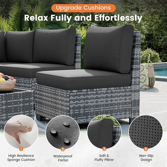 UDPATIO Patio Furniture Set, 8 Inch Armrest Patio Sectional Furniture, 6 Piece Wicker Outdoor Sectional Conversation Sets with Waterproof Cover and Coffee Table for Backyard Deck(Grey/Black)