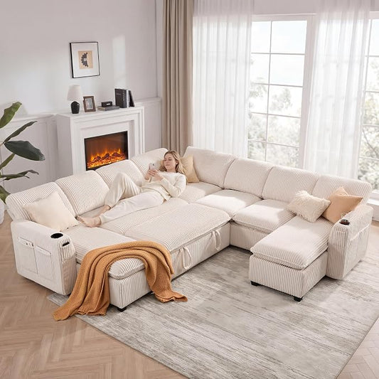 Oversized Sectional Sleeper Sofa with Pull Out Bed, Plush Corduroy 9 Seat Modular Sofa with Storage Chaise and Adjustable Backrest, Cloud Couches for Living Room, Apartment, Beige