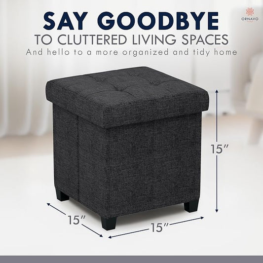 Ornavo Home Storage Ottoman with Legs, Square Cube Foot Rest Stool Seat, for Living Room, Bedroom, Home Office, Dorm - 15 x 15 x 15, Black