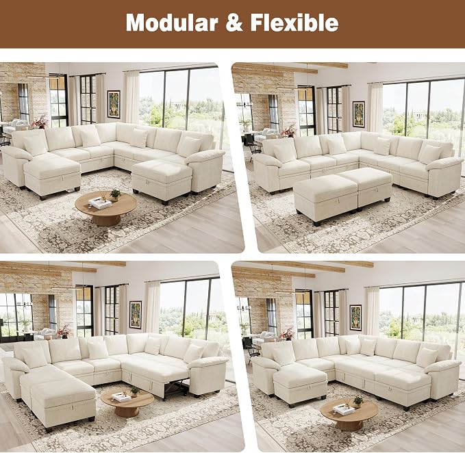 Ihanherry 108" Modular Sectional Sofa with Pull Out Bed, 9-Seater U Shaped Sectional Sleeper Couch with Storage, Chenille Convertible Couches for Living Room, Apartment (Beige)